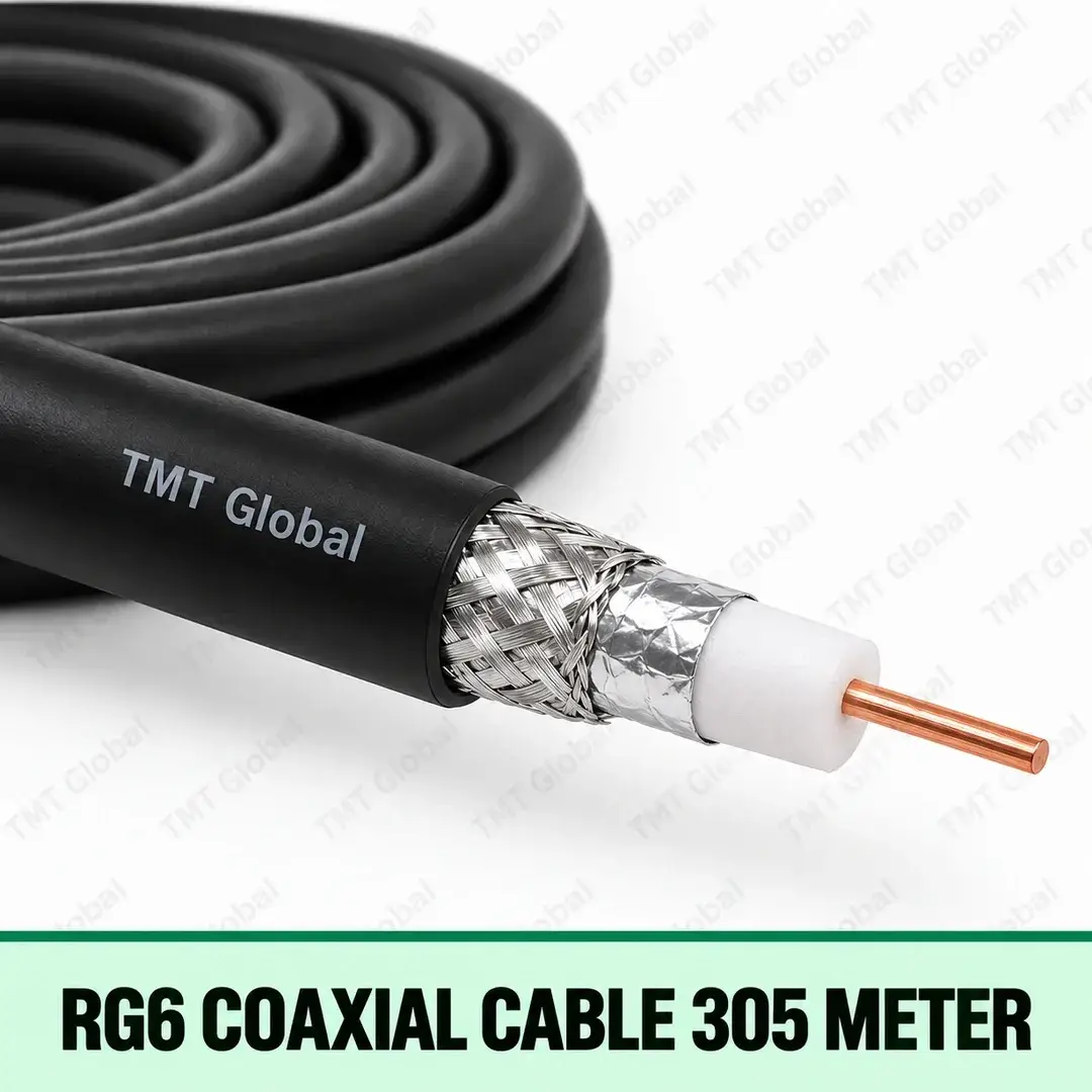 TMT Global RG6 Coaxial Cable 305 Meter, single black 75-ohm RG6 coaxial cable, one centered copper conductor, white foam dielectric, foil and braided shield layers, no auxiliary cores. TMT Global RG6 Coaxial Cable 305 Meter, single black 75-ohm RG6 coaxial cable, one centered copper conductor, white foam dielectric, foil and braided shield layers, no auxiliary cores.