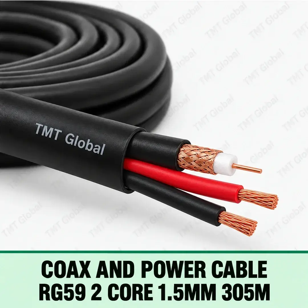 TMT Global Coax and Power Cable RG59 2 Core 1.5mm 305m, round black CCTV composite with one RG59 coax (center copper conductor, white dielectric and copper-braid shield) plus exactly two thick 1.5 mm² red/black power cores, three tips total. TMT Global Coax and Power Cable RG59 2 Core 1.5mm 305m, round black CCTV composite with one RG59 coax (center copper conductor, white dielectric and copper-braid shield) plus exactly two thick 1.5 mm² red/black power cores, three tips total.