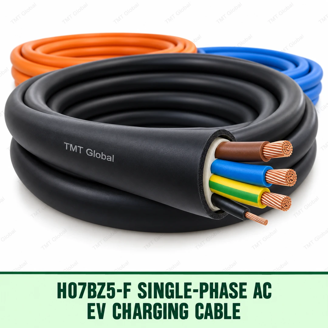 H07BZ5-F single-phase AC EV charging cable with three power cores and pilot conductor, TMT Global H07BZ5-F single-phase AC EV charging cable with three power cores and pilot conductor, TMT Global