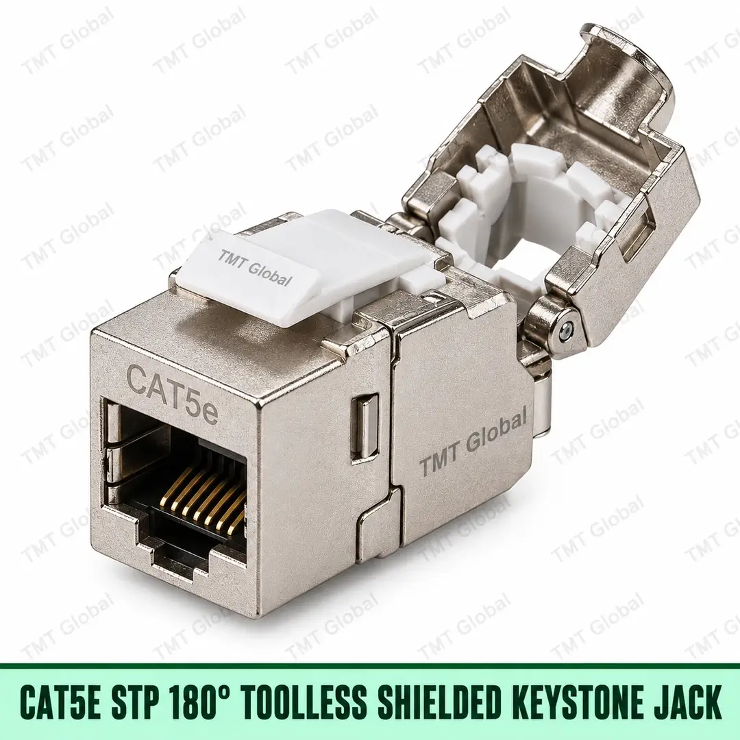Cat5e STP 180-degree tool-less shielded keystone jack, TMT Global Cat5e STP 180-degree tool-less shielded keystone jack, TMT Global