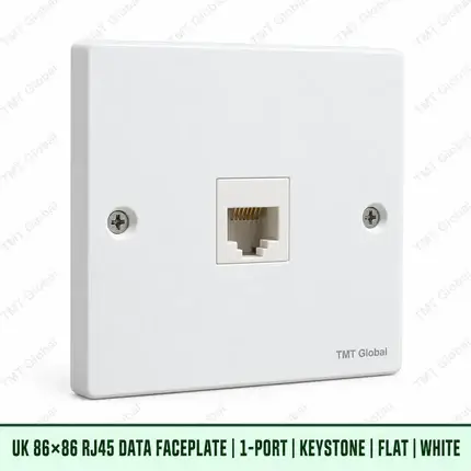 UK 86 by 86 millimetre one-port flat RJ45 keystone faceplate in white, TMT Global