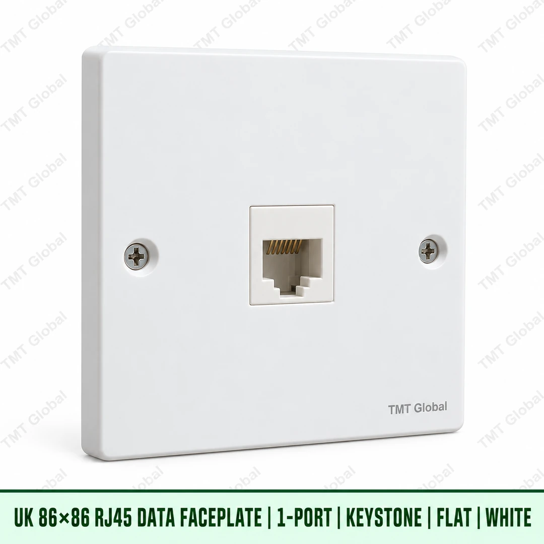 UK 86 by 86 millimetre one-port flat RJ45 keystone faceplate in white, TMT Global UK 86 by 86 millimetre one-port flat RJ45 keystone faceplate in white, TMT Global