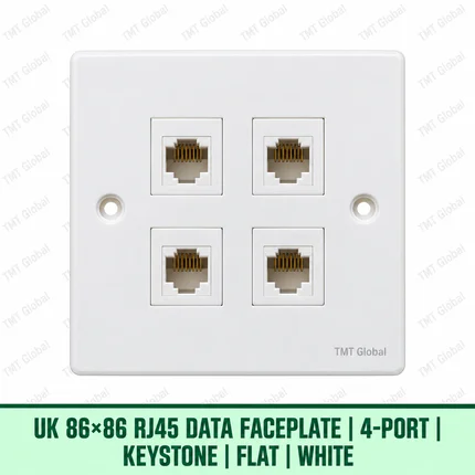 UK 86 by 86 millimetre four-port flat RJ45 keystone faceplate in white, TMT Global