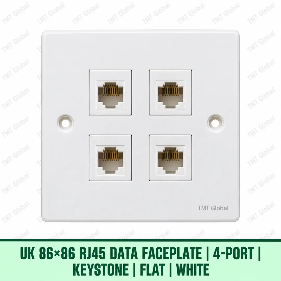 UK 86 by 86 millimetre four-port flat RJ45 keystone faceplate in white, TMT Global UK 86 by 86 millimetre four-port flat RJ45 keystone faceplate in white, TMT Global