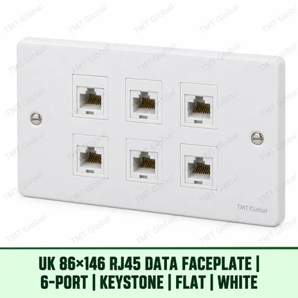 UK 86 by 146 millimetre six-port flat RJ45 keystone faceplate in white, TMT Global