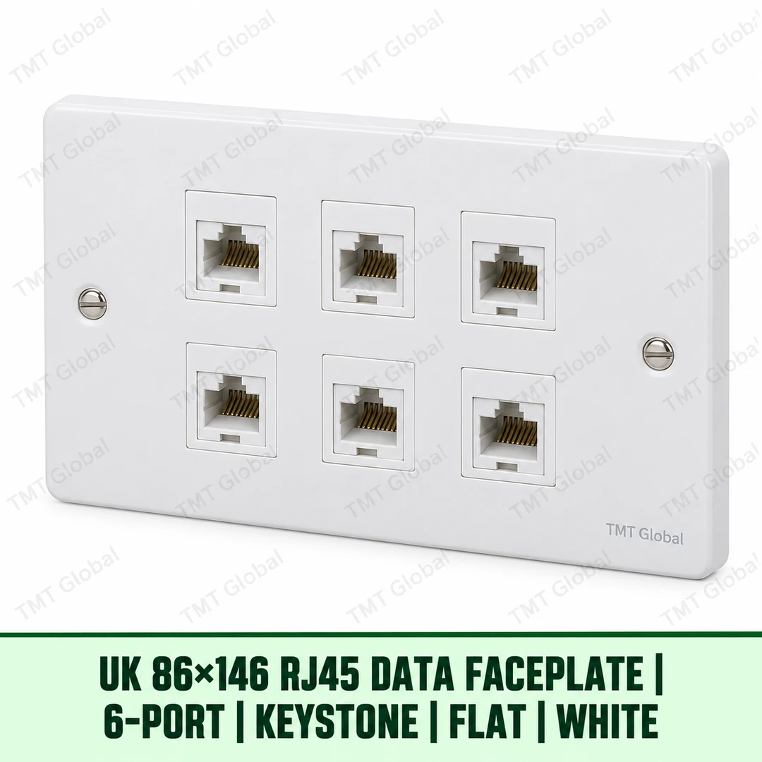UK 86 by 146 millimetre six-port flat RJ45 keystone faceplate in white, TMT Global UK 86 by 146 millimetre six-port flat RJ45 keystone faceplate in white, TMT Global