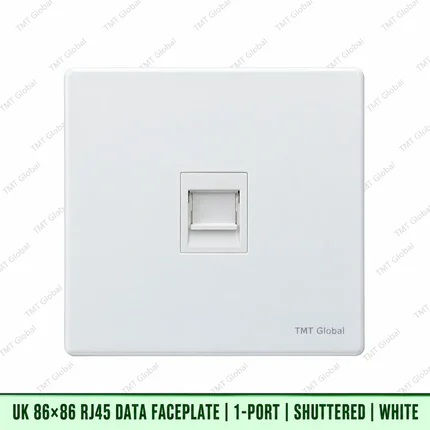 UK 86 by 86 millimetre one-port shuttered RJ45 data faceplate in white, TMT Global