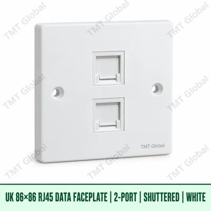 UK 86 by 86 millimetre two-port shuttered RJ45 data faceplate in white, TMT Global