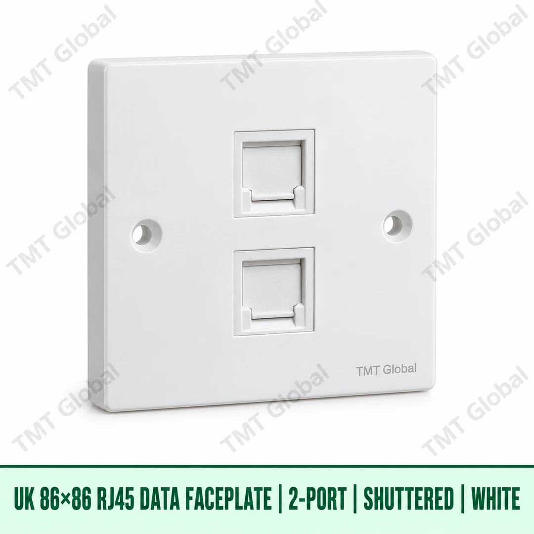 UK 86 by 86 millimetre two-port shuttered RJ45 data faceplate in white, TMT Global UK 86 by 86 millimetre two-port shuttered RJ45 data faceplate in white, TMT Global