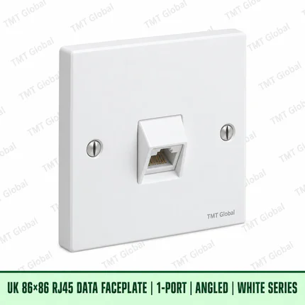UK 86 by 86 millimetre one-port angled RJ45 data faceplate in white, TMT Global