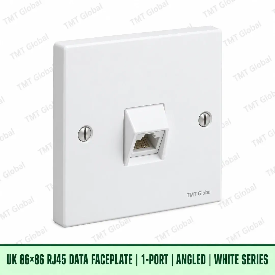 UK 86 by 86 millimetre one-port angled RJ45 data faceplate in white, TMT Global UK 86 by 86 millimetre one-port angled RJ45 data faceplate in white, TMT Global