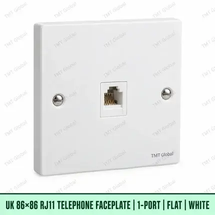 UK 86 by 86 millimetre one-port flat RJ11 telephone faceplate in white, TMT Global