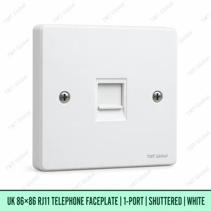 UK 86 by 86 millimetre one-port shuttered RJ11 telephone faceplate in white, TMT Global