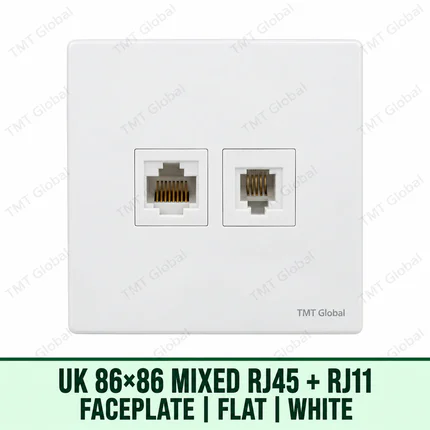 UK 86 by 86 millimetre flat dual RJ45 and RJ11 faceplate in white, TMT Global