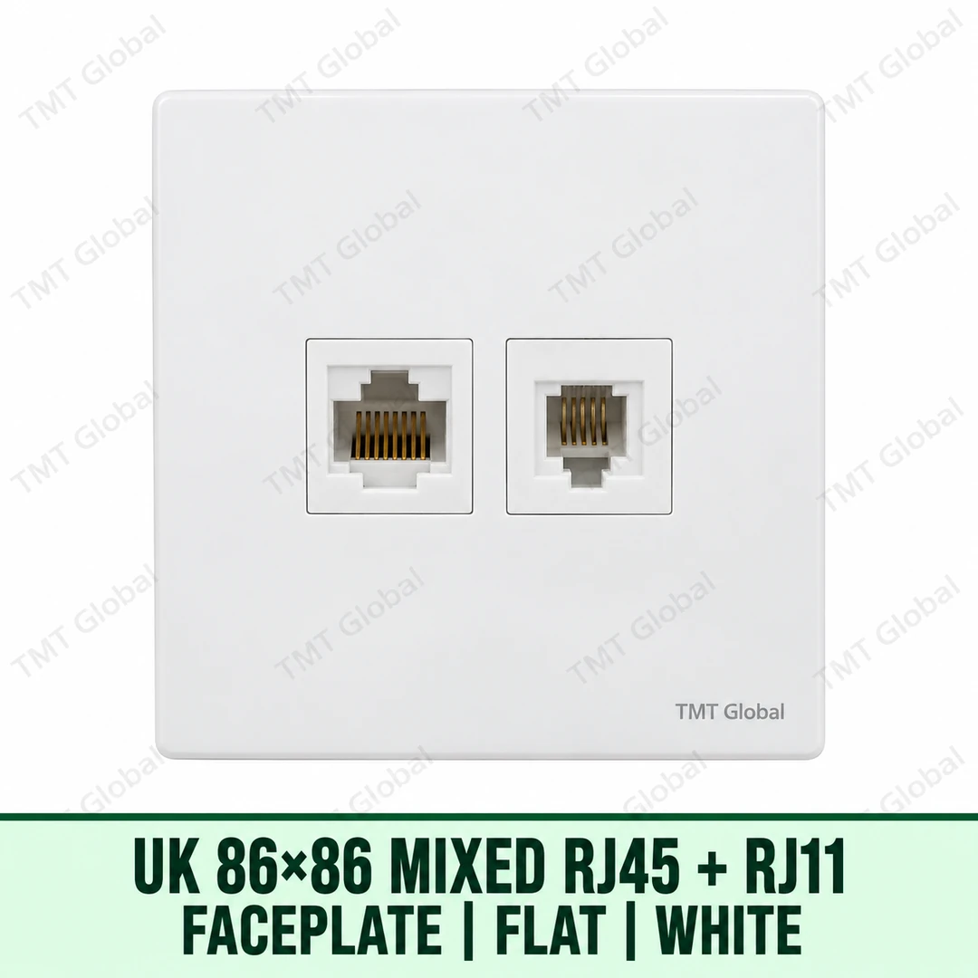 UK 86 by 86 millimetre flat dual RJ45 and RJ11 faceplate in white, TMT Global UK 86 by 86 millimetre flat dual RJ45 and RJ11 faceplate in white, TMT Global