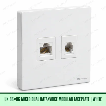 UK 86 by 86 millimetre dual data and voice modular faceplate in white, TMT Global