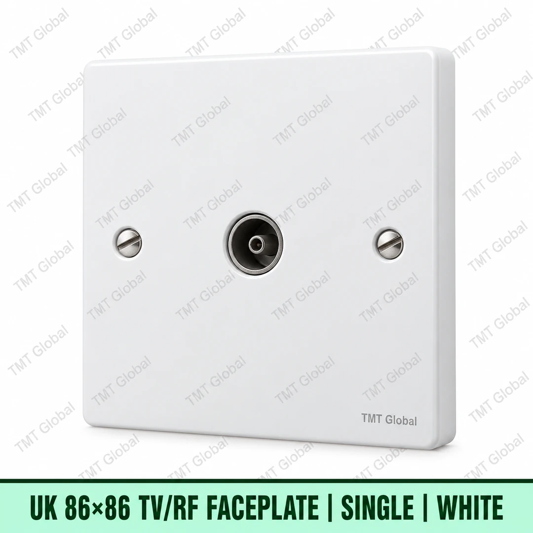 UK 86 by 86 millimetre single TV-RF coax faceplate in white, TMT Global UK 86 by 86 millimetre single TV-RF coax faceplate in white, TMT Global