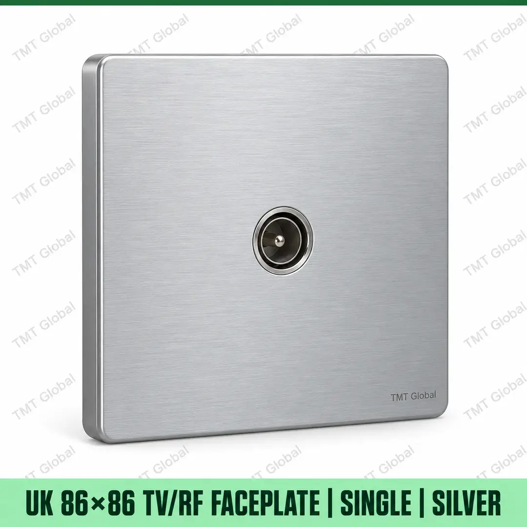 UK 86 by 86 millimetre single TV-RF coax faceplate in silver, TMT Global UK 86 by 86 millimetre single TV-RF coax faceplate in silver, TMT Global