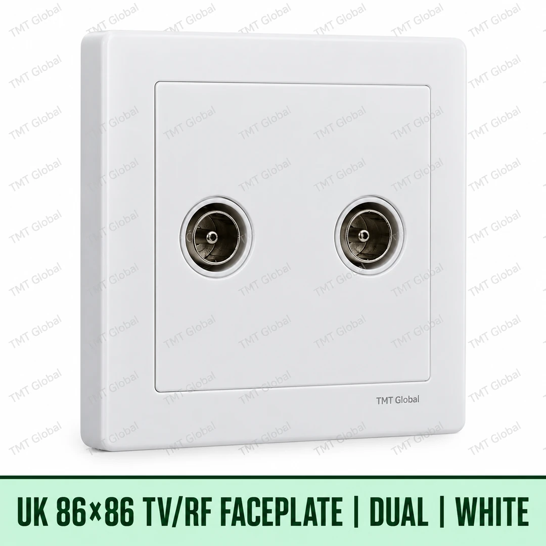 UK 86 by 86 millimetre dual TV-RF coax faceplate in white, TMT Global UK 86 by 86 millimetre dual TV-RF coax faceplate in white, TMT Global