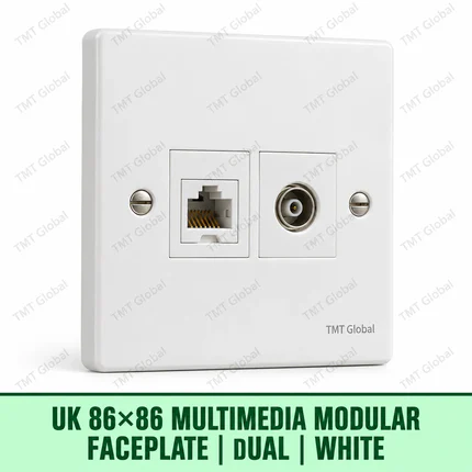 UK 86 by 86 millimetre dual RJ45 and TV-RF multimedia faceplate in white, TMT Global