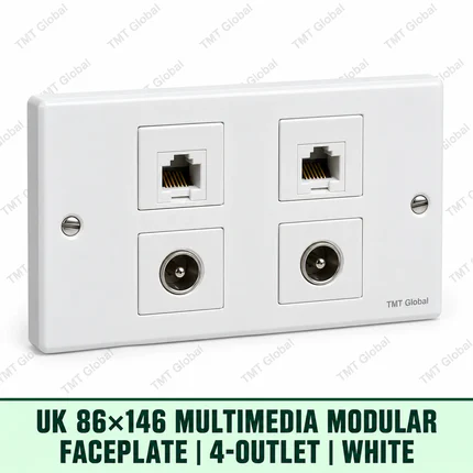UK 86 by 146 millimetre four-outlet multimedia modular faceplate in white, TMT Global