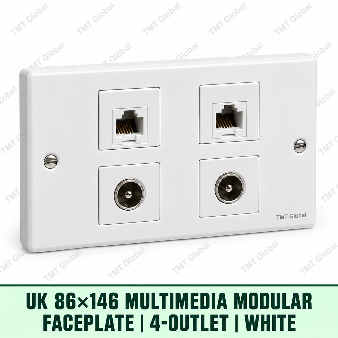 UK 86 by 146 millimetre four-outlet multimedia modular faceplate in white, TMT Global UK 86 by 146 millimetre four-outlet multimedia modular faceplate in white, TMT Global