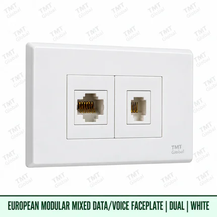 European modular dual RJ45 and RJ11 data voice faceplate in white, TMT Global