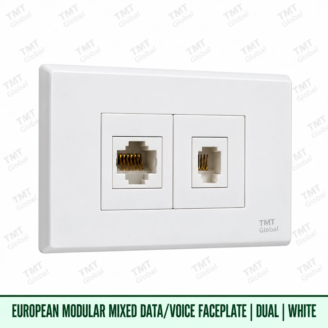 European modular dual RJ45 and RJ11 data voice faceplate in white, TMT Global European modular dual RJ45 and RJ11 data voice faceplate in white, TMT Global