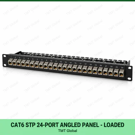 Cat6 STP 24-Port Angled Patch Panel – Loaded