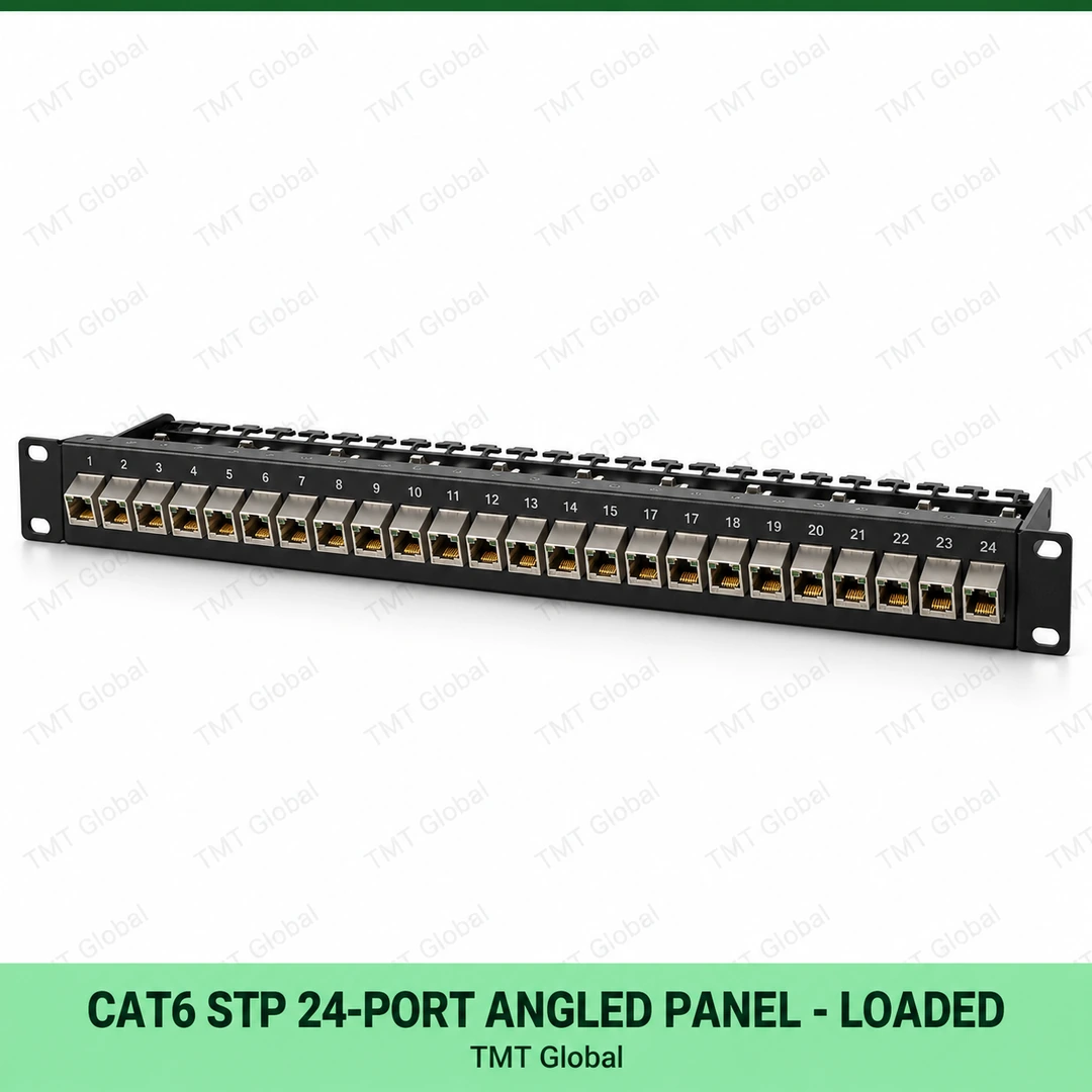 Cat6 STP 24-Port Angled Patch Panel – Loaded Cat6 STP 24-Port Angled Patch Panel – Loaded