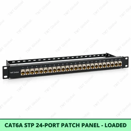 Cat6A STP 24-Port Patch Panel – Loaded