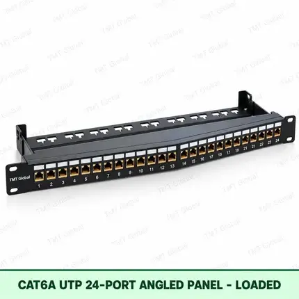 Cat6A UTP 24-Port Angled Patch Panel – Loaded
