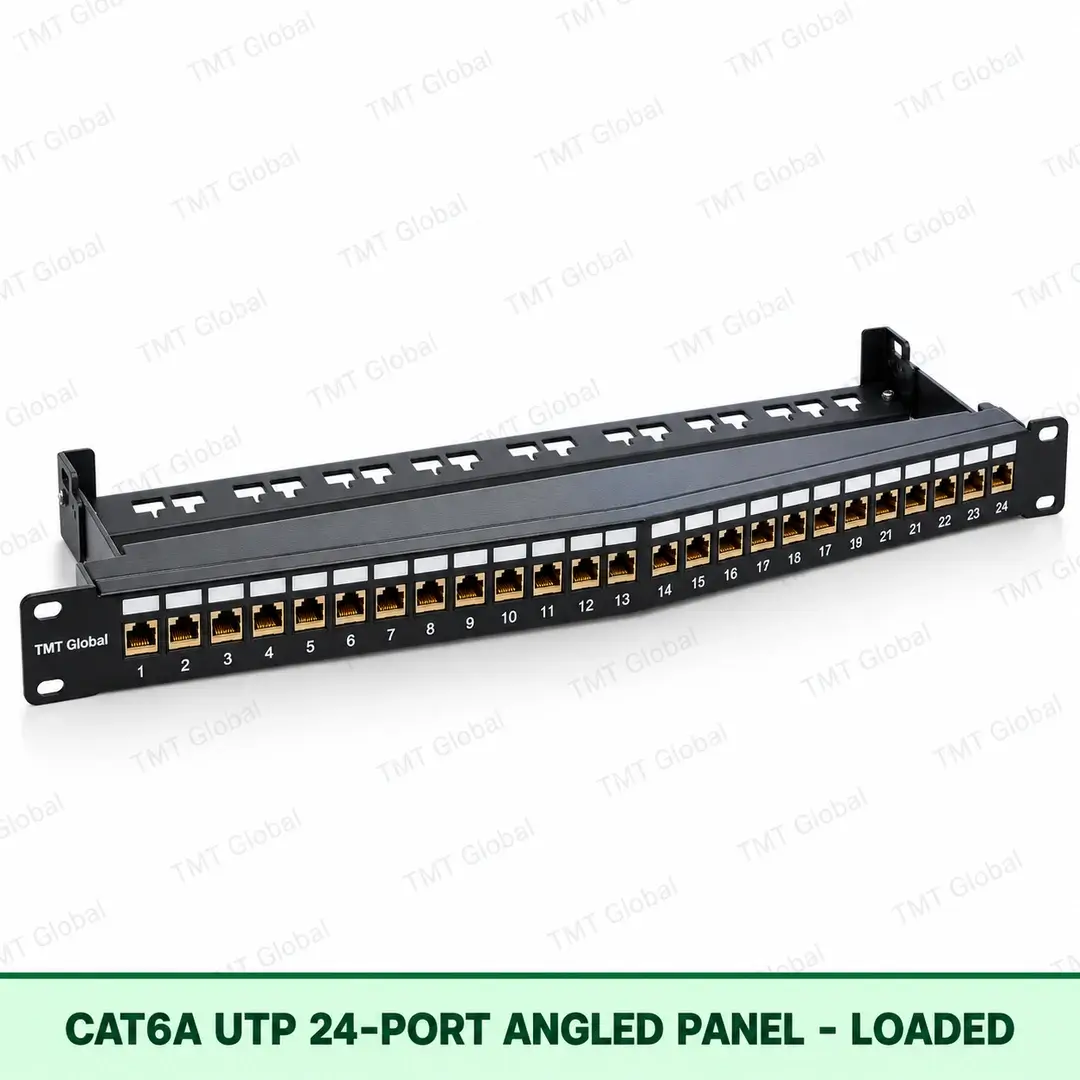 Cat6A UTP 24-Port Angled Patch Panel – Loaded Cat6A UTP 24-Port Angled Patch Panel – Loaded