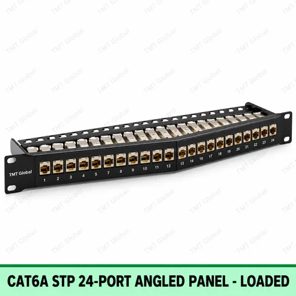 Cat6A STP 24-Port Angled Patch Panel – Loaded