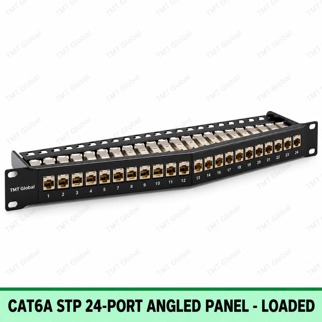Cat6A STP 24-Port Angled Patch Panel – Loaded Cat6A STP 24-Port Angled Patch Panel – Loaded