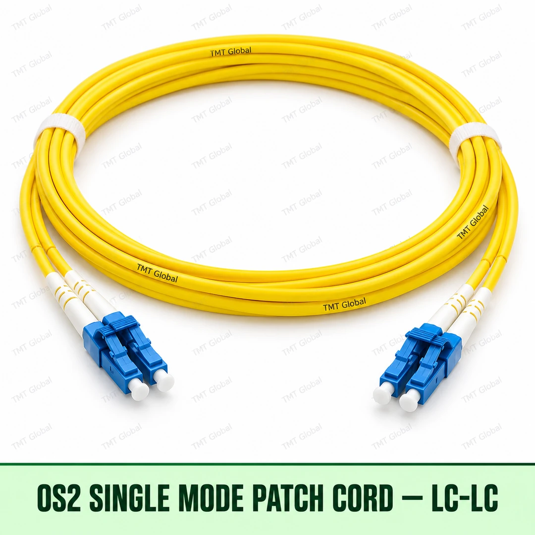 OS2 single-mode LC-LC fibre patch cord with yellow duplex jacket, TMT Global OS2 single-mode LC-LC fibre patch cord with yellow duplex jacket, TMT Global