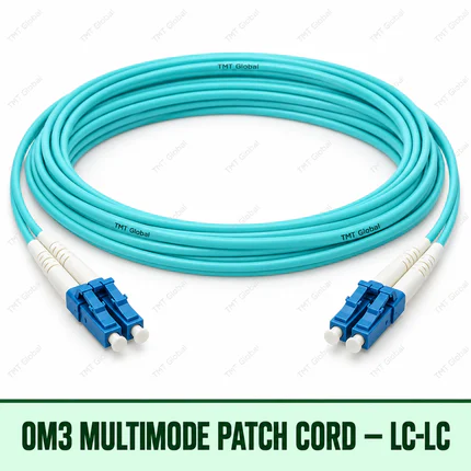 OM3 multimode LC-LC fibre patch cord with aqua duplex jacket, TMT Global