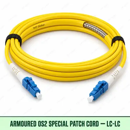 Armoured OS2 G.657.A2 LC-LC fibre patch cord with protective metal braid, TMT Global