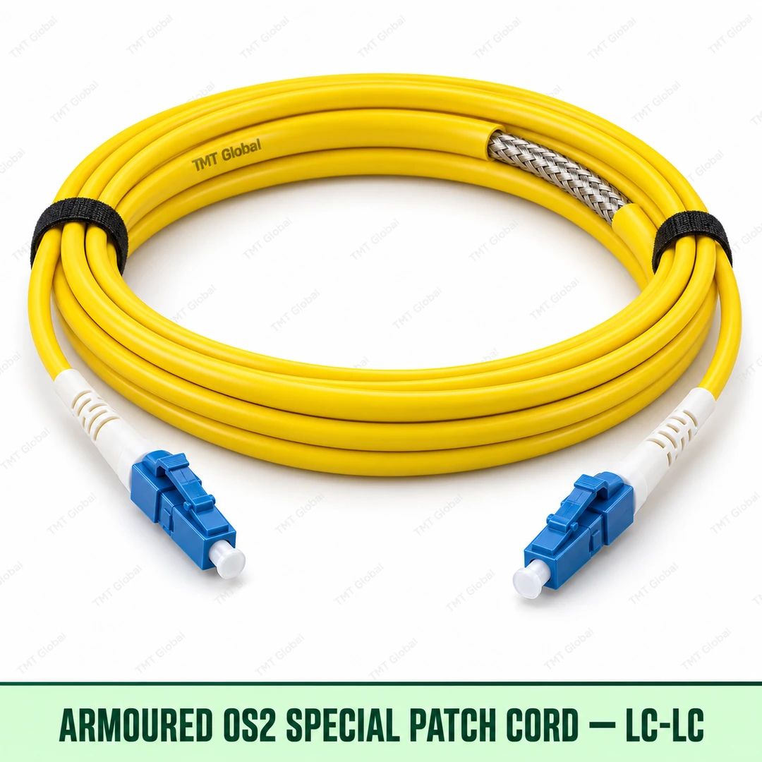 Armoured OS2 G.657.A2 LC-LC fibre patch cord with protective metal braid, TMT Global Armoured OS2 G.657.A2 LC-LC fibre patch cord with protective metal braid, TMT Global