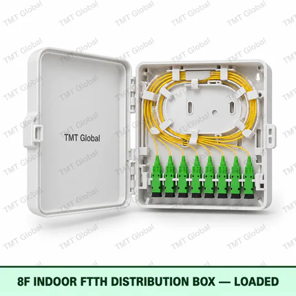 8F indoor FTTH fibre distribution box, loaded, TMT Global