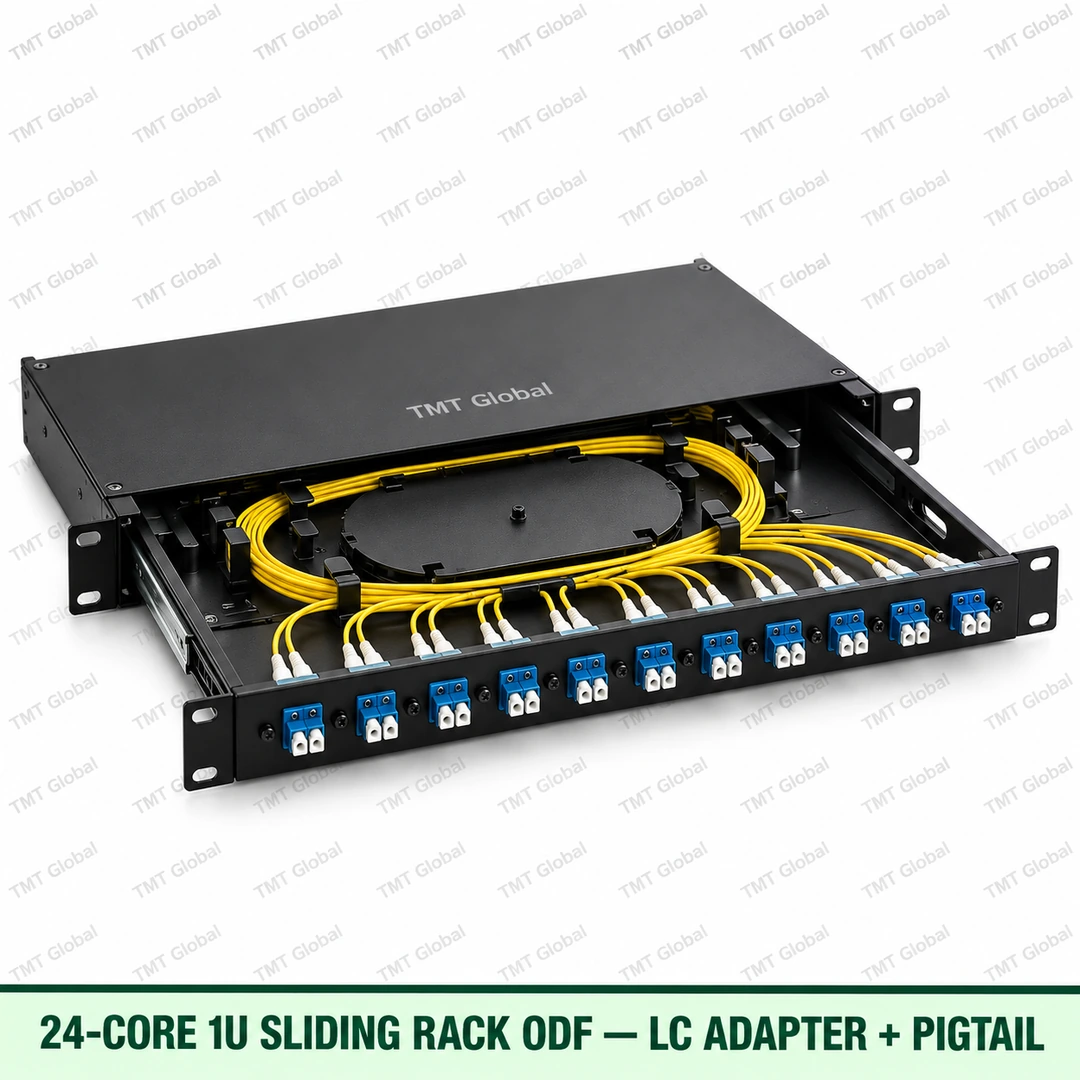 24-core 1U sliding rack ODF with LC adapters and pigtails, TMT Global 24-core 1U sliding rack ODF with LC adapters and pigtails, TMT Global
