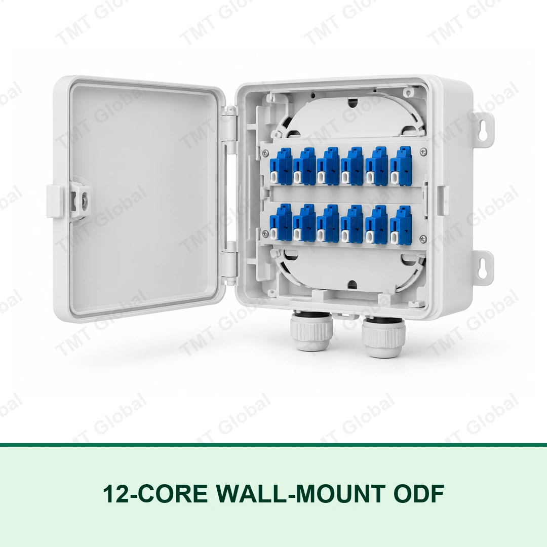 TMT Global 12-core wall-mount optical distribution frame with 12 SC fibre adapter ports TMT Global 12-core wall-mount optical distribution frame with 12 SC fibre adapter ports