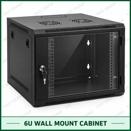TMT Global 6U wall-mount cabinet with lockable glass front, vented panels and 19-inch rack enclosure.