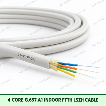 4-core G.657.A1 indoor FTTH LSZH fibre optic cable with white jacket, TMT Global branding, and four colour-coded fibres.