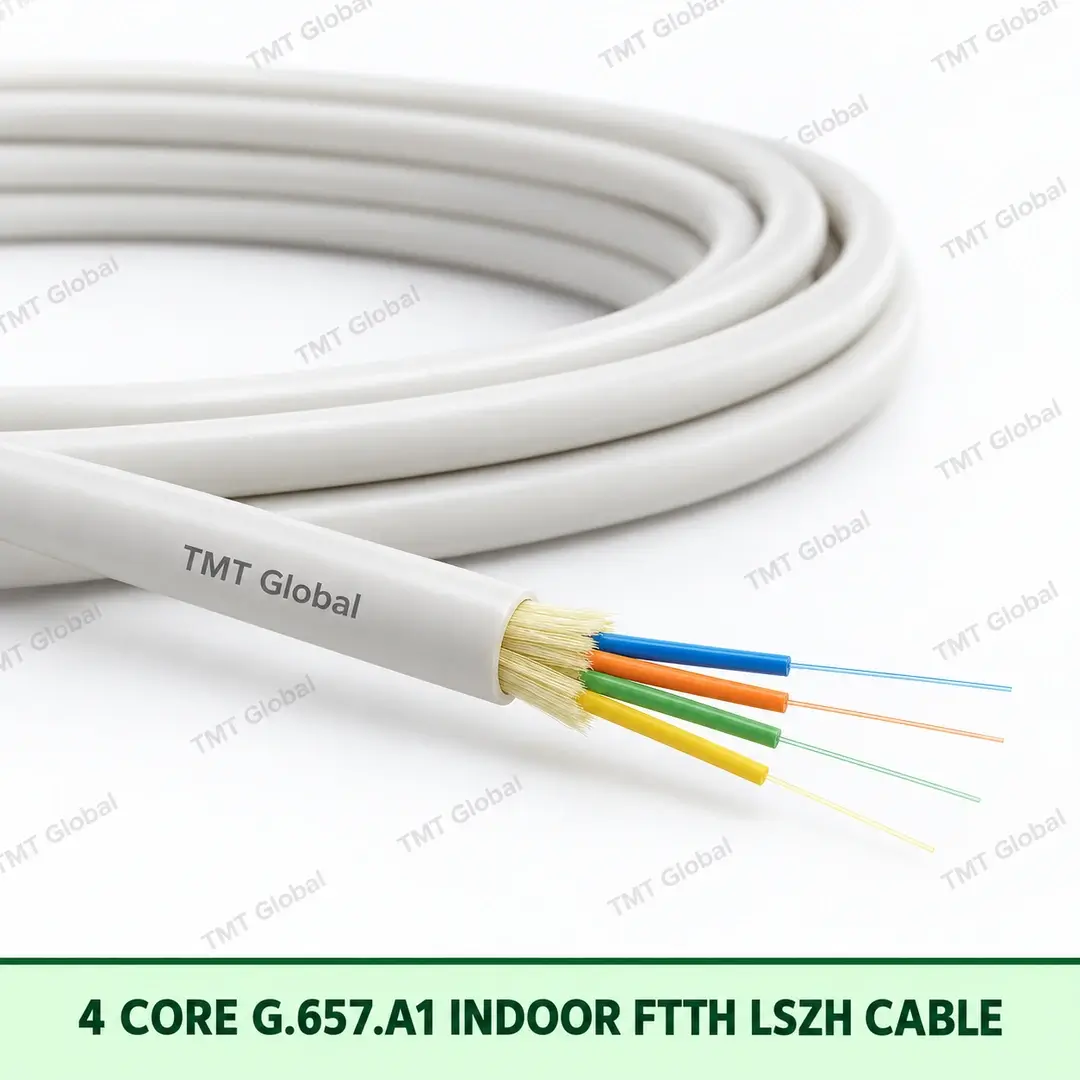 4-core G.657.A1 indoor FTTH LSZH fibre optic cable with white jacket, TMT Global branding, and four colour-coded fibres. 4-core G.657.A1 indoor FTTH LSZH fibre optic cable with white jacket, TMT Global branding, and four colour-coded fibres.
