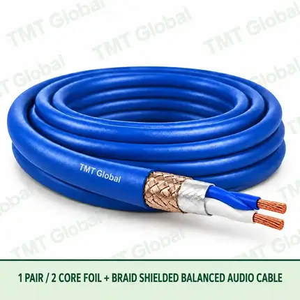 TMT Global 1 Pair 2 Core Foil Braid Balanced Audio Cable product image showing the cable coil and exposed conductor cutaway.
