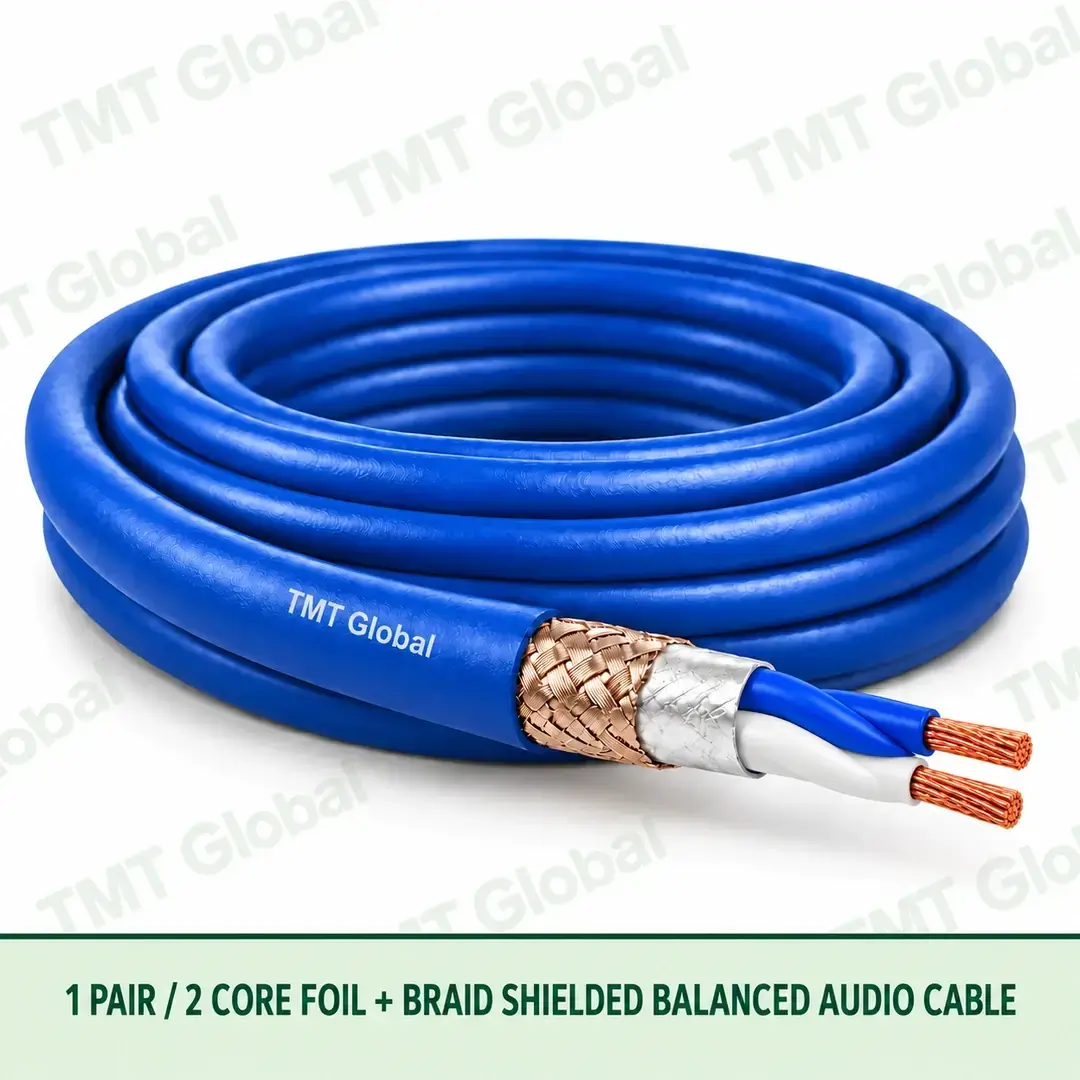 TMT Global 1 Pair 2 Core Foil Braid Balanced Audio Cable product image showing the cable coil and exposed conductor cutaway. TMT Global 1 Pair 2 Core Foil Braid Balanced Audio Cable product image showing the cable coil and exposed conductor cutaway.