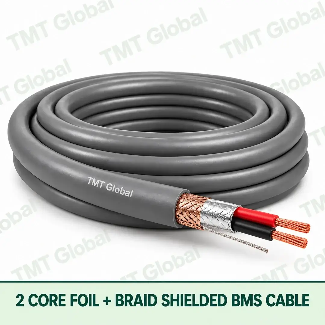 TMT Global 2 Core Foil And Braid Shielded BMS Cable product cable with 2 clearly visible conductors; foil and braid shielded. TMT Global 2 Core Foil And Braid Shielded BMS Cable product cable with 2 clearly visible conductors; foil and braid shielded.