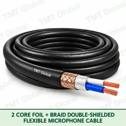 TMT Global 2 Core Foil Braid Double Shielded Microphone Cable product image showing the cable coil and exposed conductor cutaway.
