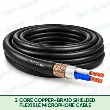 TMT Global 2 Core Copper Braid Shielded Flexible Microphone Cable product image showing the cable coil and exposed conductor cutaway.